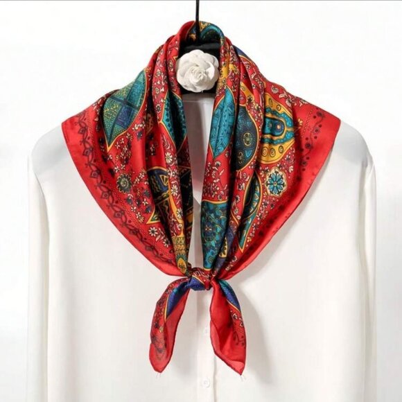 Elegant Luxury Silky Square Scarf Satin Red Tree Leaf Print Bandana Shawl Floral - Picture 2 of 6